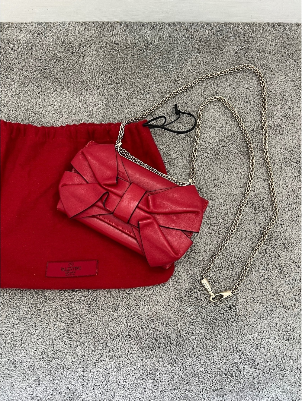 Valentino Red Leather Bow Chain Crossbody Clutch Evening Bag Italy Dust Bag